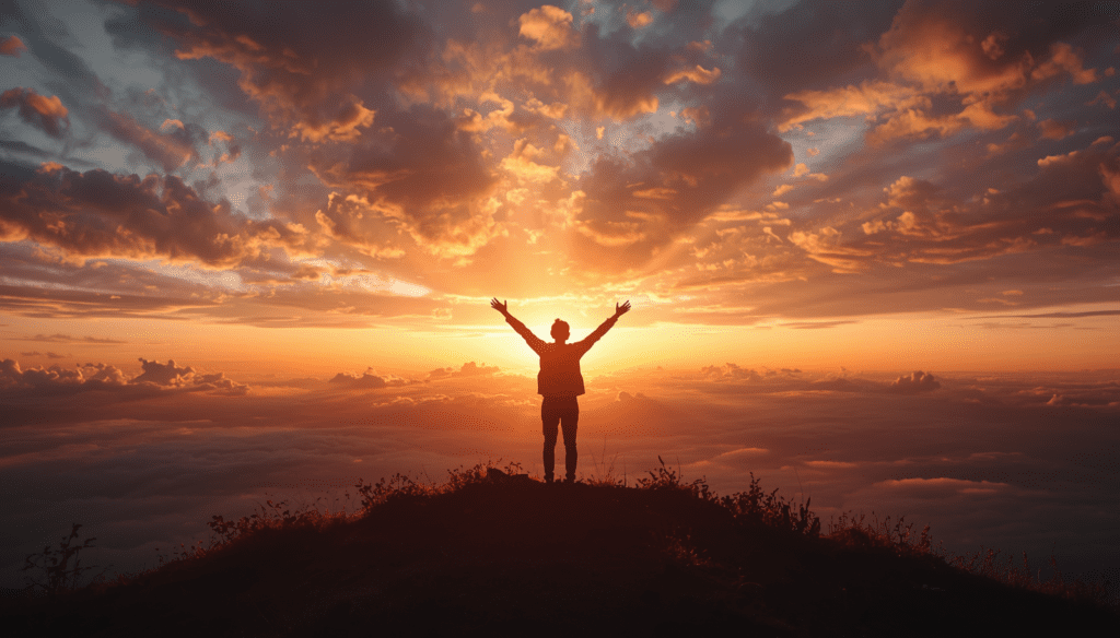 Silhouette of a person with arms raised toward a golden sunrise, illustrating biblical faith and trusting God in Scripture.