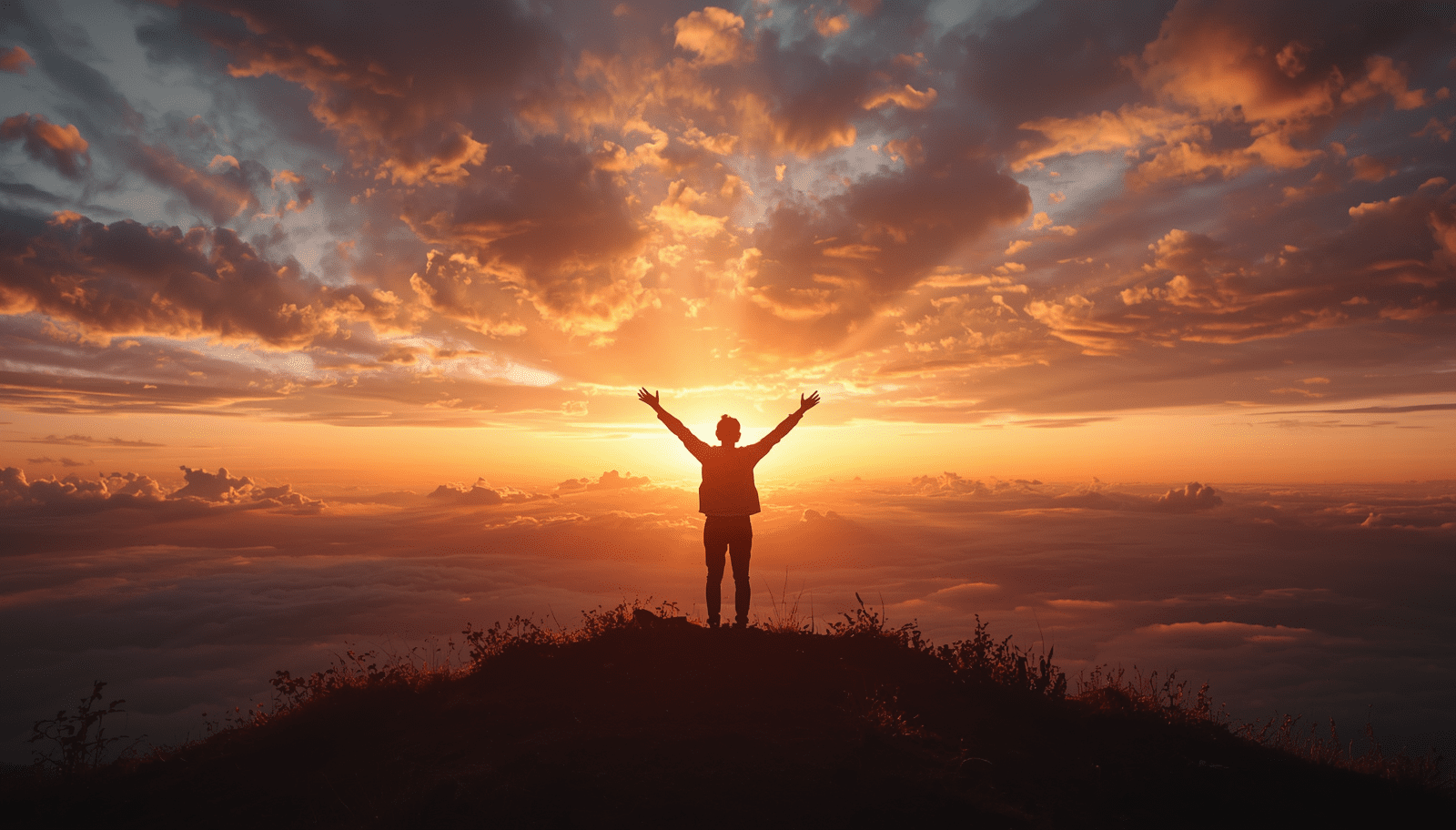 Silhouette of a person with arms raised toward a golden sunrise, illustrating biblical faith and trusting God in Scripture.