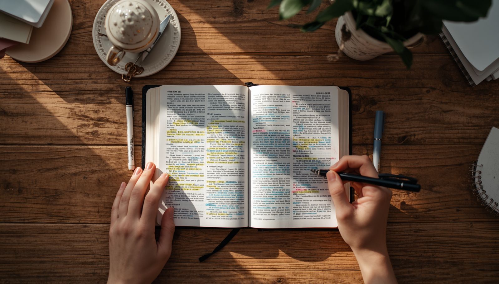Close-up of highlighted Bible verses with color-coded pen marks and handwritten notes