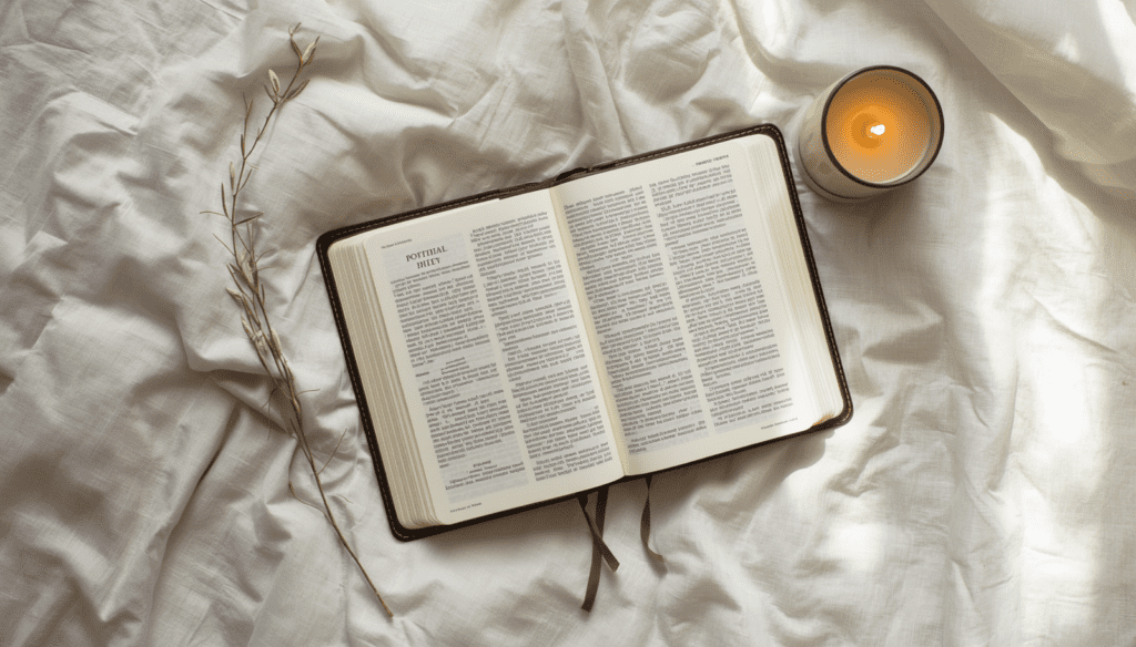 Flat lay of an open Bible with a candle and olive branch on white linen, symbolizing scriptures about faith and God's Word.
