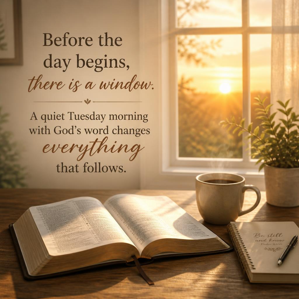 tuesday morning prayer with open Bible and sunrise light
