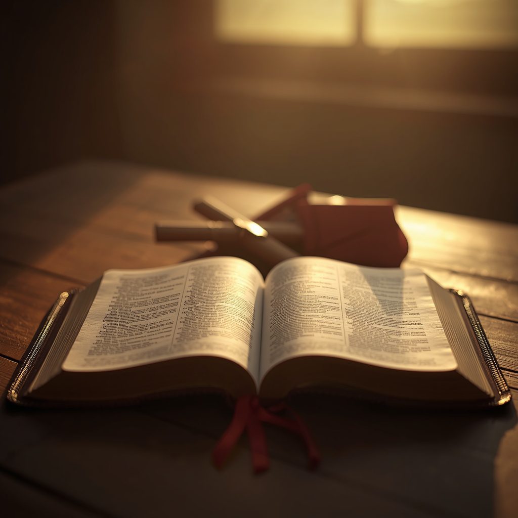 Open Bible with warm sunlight, representing biblical blessings and God's favor